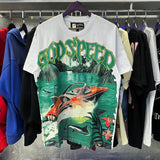 Godspeed T Shirts Speedboat Shark Print Cotton Crew Neck Short Sleeve Men and Women