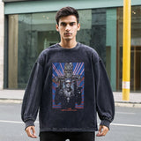 Mens Vintage Long Sleeve Shirt Printed Wash Sweater Men