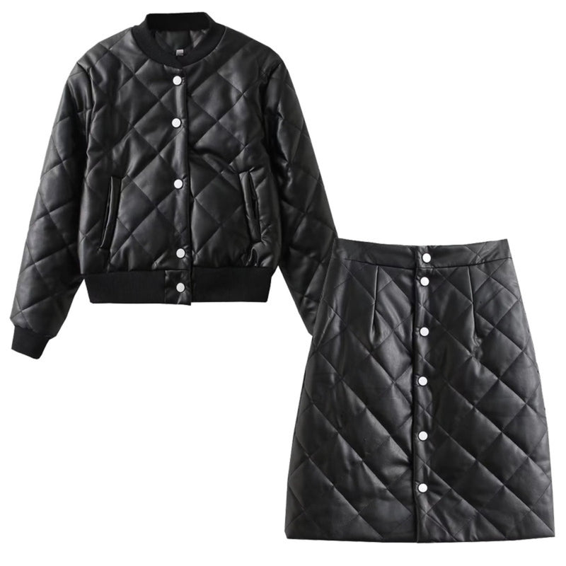 Women Cotton Coat PU Leather Diamond Lattice Baseball Uniform
