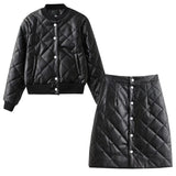 Women Cotton Coat PU Leather Diamond Lattice Baseball Uniform
