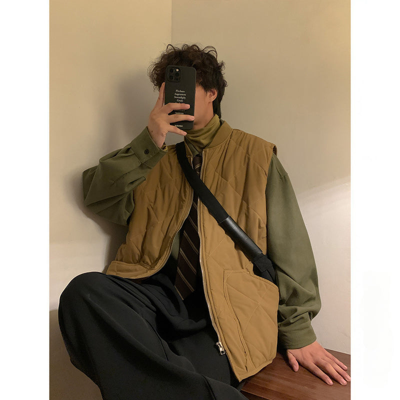 Men Cotton Coat Cotton Vest Winter Diamond Lattice Loose