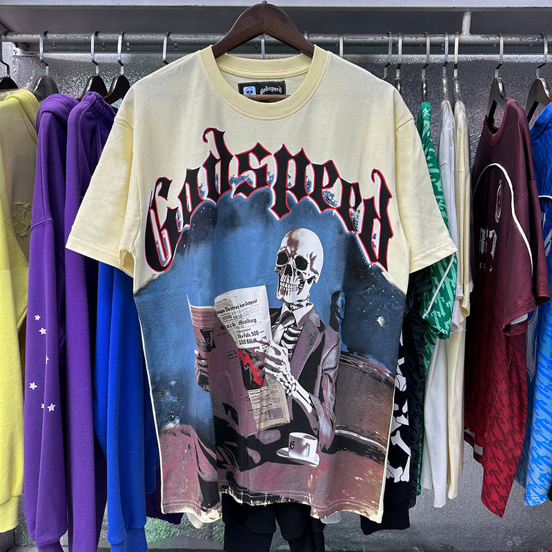 Godspeed T Shirts Newspaper Skull Printing Cotton Casual Short Sleeves Men and Women