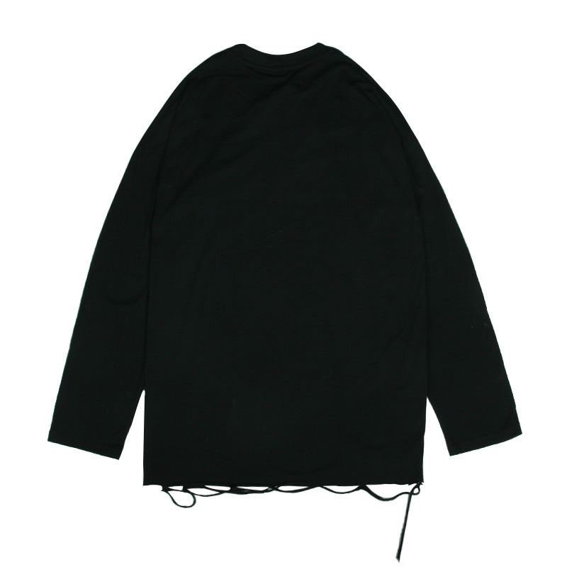 Men Long Sleeve T-Shirt Ripped Solid Color Trendy Loose Bottoming Shirt