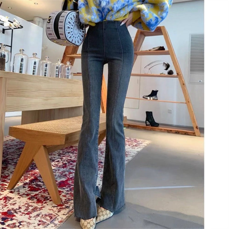Women Jeans Bell-Bottom Pants Patchwork Slit Denim Trousers