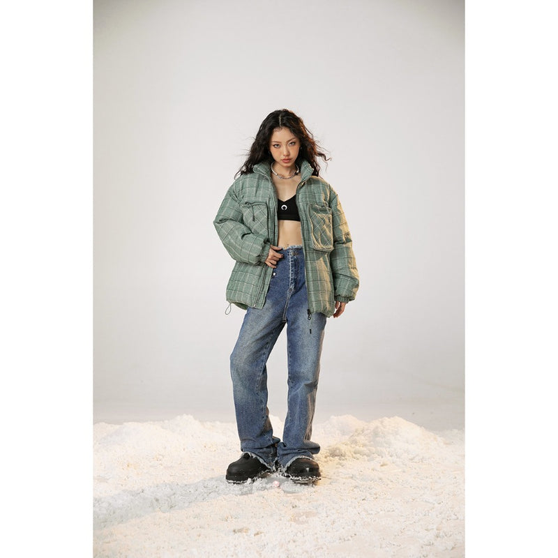 Unisex Coat Winter Stand Collar Plaid Coat Cotton Coat