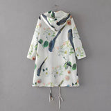 Women Trench Coat Flowers Bird Printed Hooded Sun-Proof Top Light and Thin