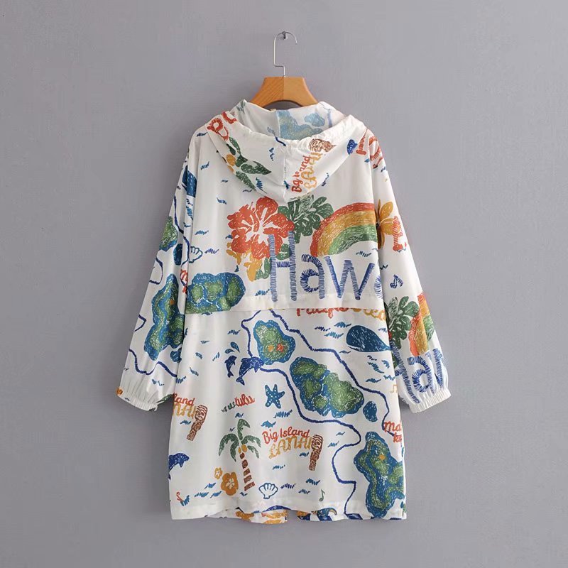 Women Trench Coat Fashion Graffiti Loose Zip Hooded Sun-Proof Top
