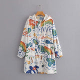 Women Trench Coat Fashion Graffiti Loose Zip Hooded Sun-Proof Top