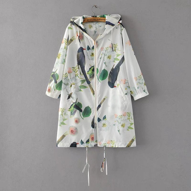 Women Trench Coat Flowers Bird Printed Hooded Sun-Proof Top Light and Thin