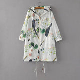 Women Trench Coat Flowers Bird Printed Hooded Sun-Proof Top Light and Thin