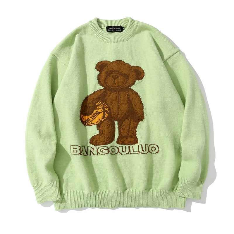 Men Sweater Cartoon Bear Jacquard Sweater Loose