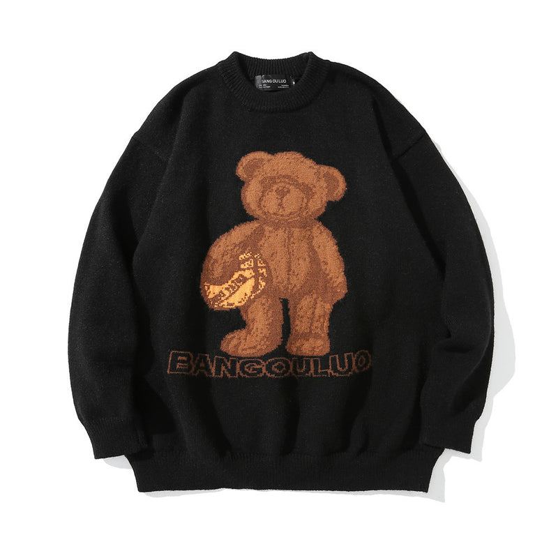 Men Sweater Cartoon Bear Jacquard Sweater Loose