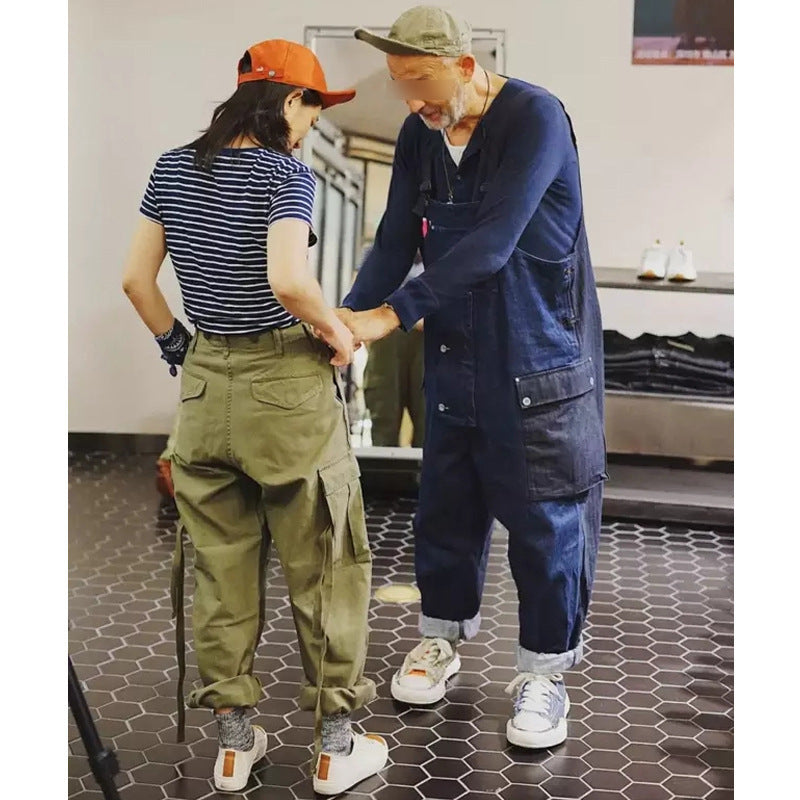 Overalls Men Jumpsuit Color Contrast Patchwork Working Bib Top Pants Men's Amekaji Multi-Pocket Suspenders Casual Denim