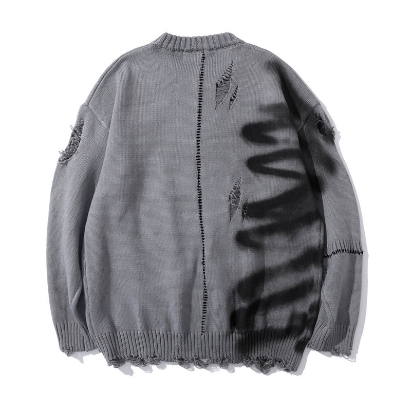 Men Sweater Graffiti Printing round Neck Knitted Ripped Sweater Loose
