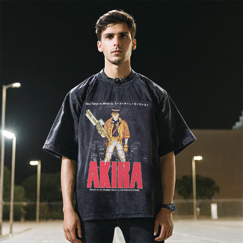 Mens Vintage T Shirt Print Vintage Washed Crew Neck