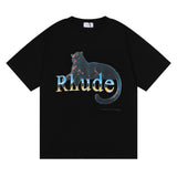 Rhude T Shirt Black Leopard Print Hip Hop Men's and Women's Same Casual Loose