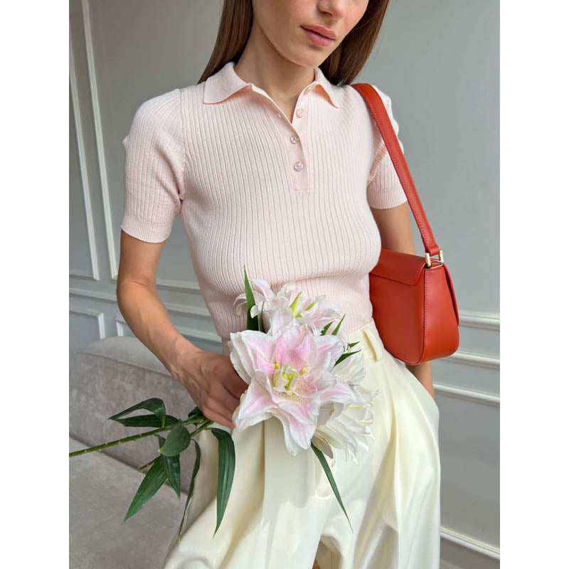 Women Work Business Casual Sweats Slim Fit Polo Sweater with Short Sleeves