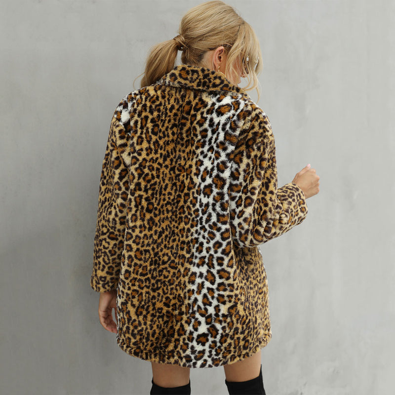 Women Fur Jacket Leopard Print Wool Coat