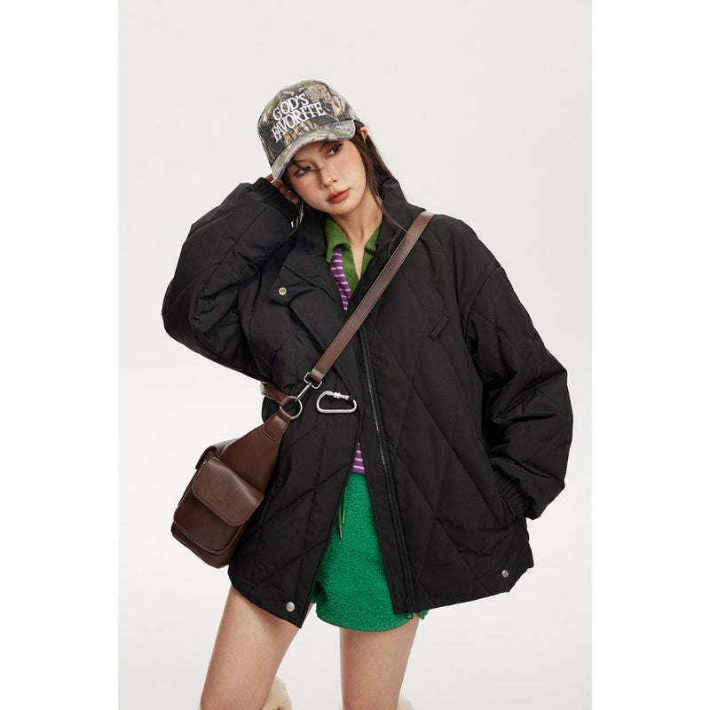 Unisex Coat Winter Cotton Dress Diamond Lattice Stand Collar Coat