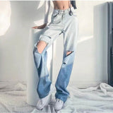 Women Jeans Hole Gradient Color Loose Drooping