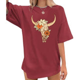 Boho Cow Skull Shirts for Women Oversized Western Country