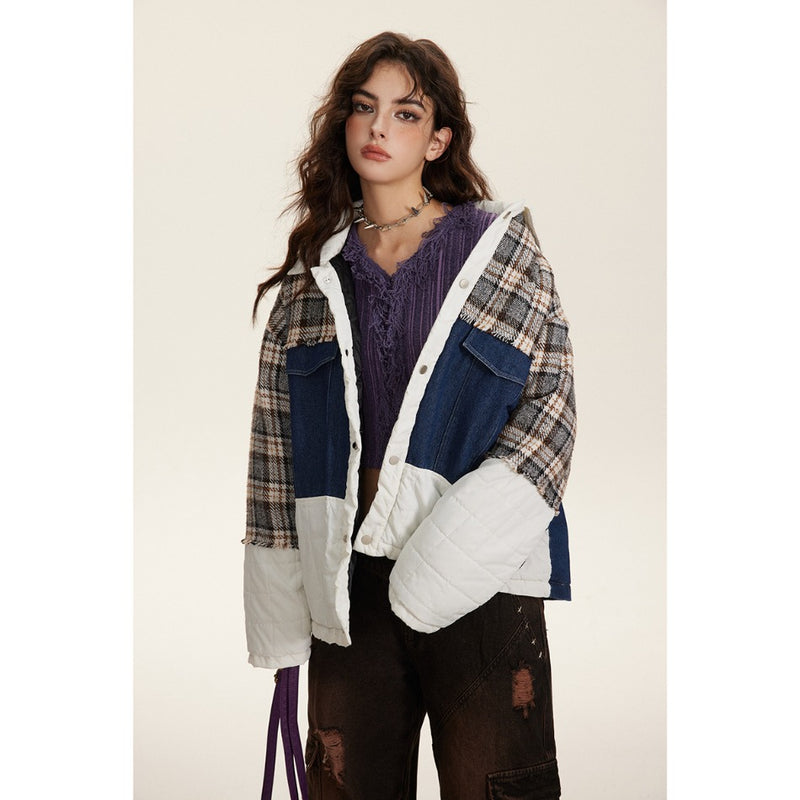 Unisex Coat Plaid Coat Cotton-Padded Jacket Stitching