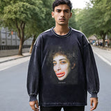 Mens Vintage Long Sleeve Shirt Washed Crew Neck Sweater Casual