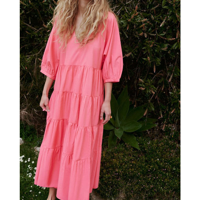 Women Dresses V-neck Patchwork Pink Medium-Length Dress