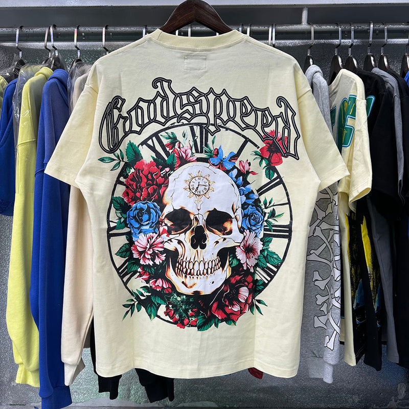 Godspeed T Shirts Skull Rose Clock Plate Double Yarn Cotton Casual Short Sleeve Men and Women