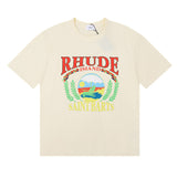 Rhude T Shirts Sunset Beach Pattern Printed Cotton Casual Short Sleeves Men and Women