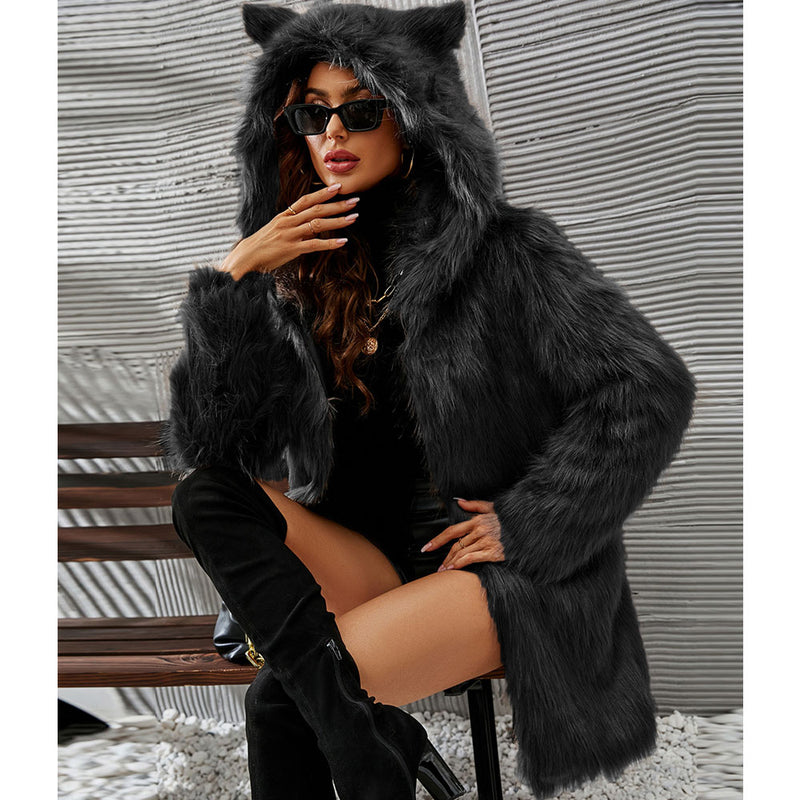Women Fur Jacket Warm and Cute Long Plush Coat
