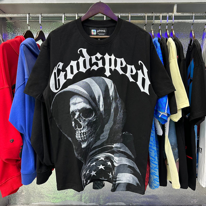 Godspeed T Shirts American Flag Skull Print Cotton Casual Short Sleeves Men and Women