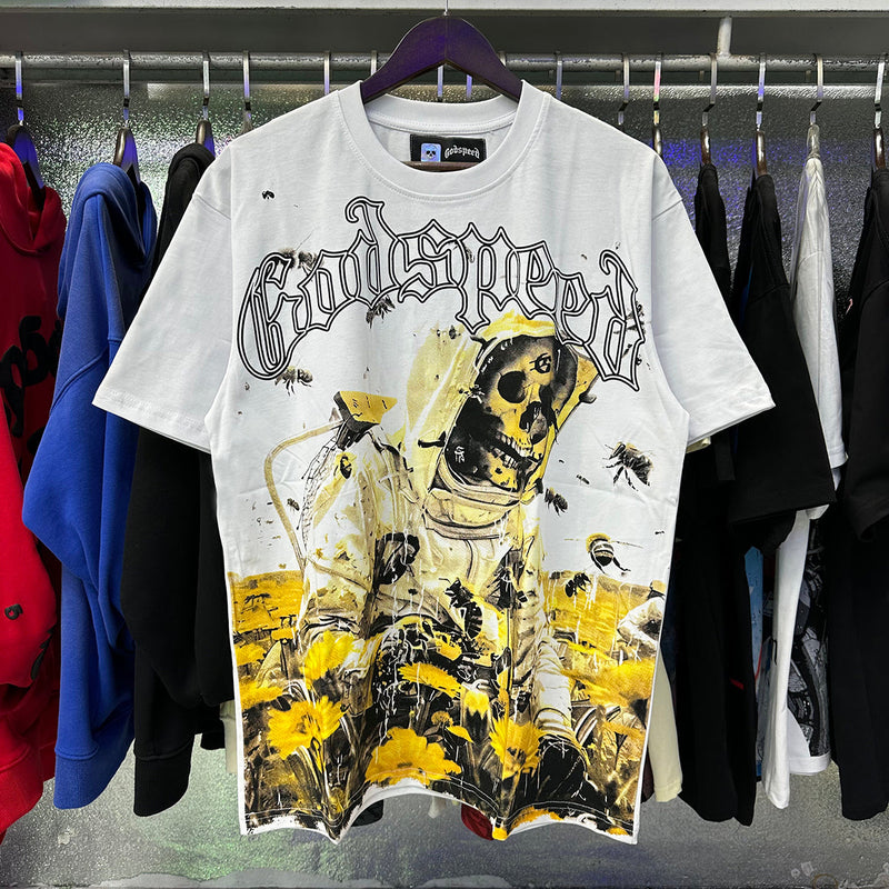 Godspeed T Shirts Skull Bee Sunflower Print Cotton Short Sleeve Men and Women