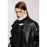 Unisex Coat Lamb Fur Lapel Winter PU Leather