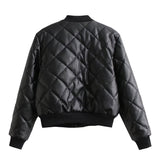 Women Cotton Coat PU Leather Diamond Lattice Baseball Uniform