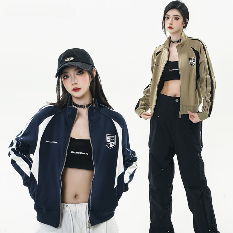 Women Jackets Retro Color Contrast Patchwork Sports