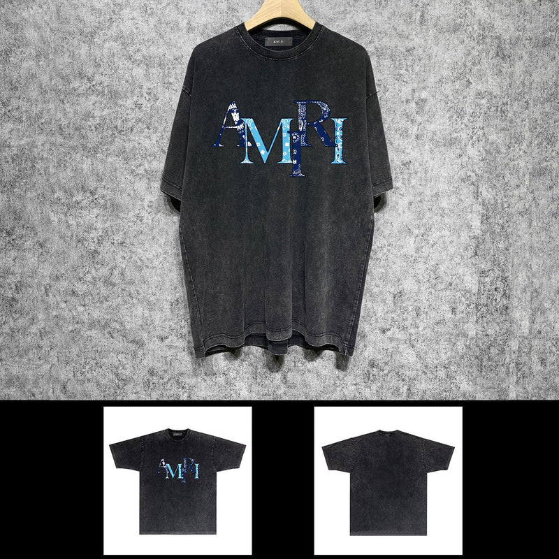 Amiri washed t-shirt cashew flower overlap letter printing short sleeve