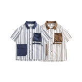 Unisex Shirt Retro Patchwork Three-Dimensional Pocket Loose Stripes