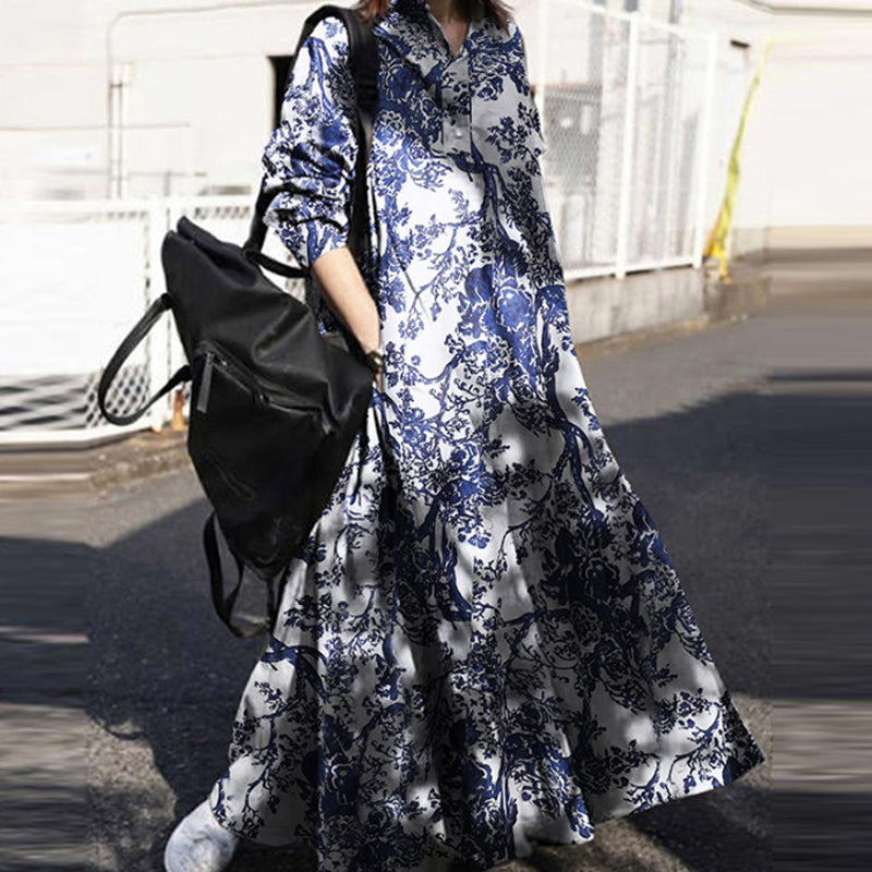 Betty Draper Valentine's Day Dress Autumn Printed Cotton Linen Retro Loose Long Sleeve Dress