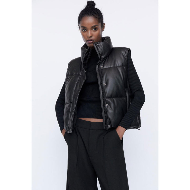 Women Vest Urban Leisure Faux Leather Cotton-Padded Vest
