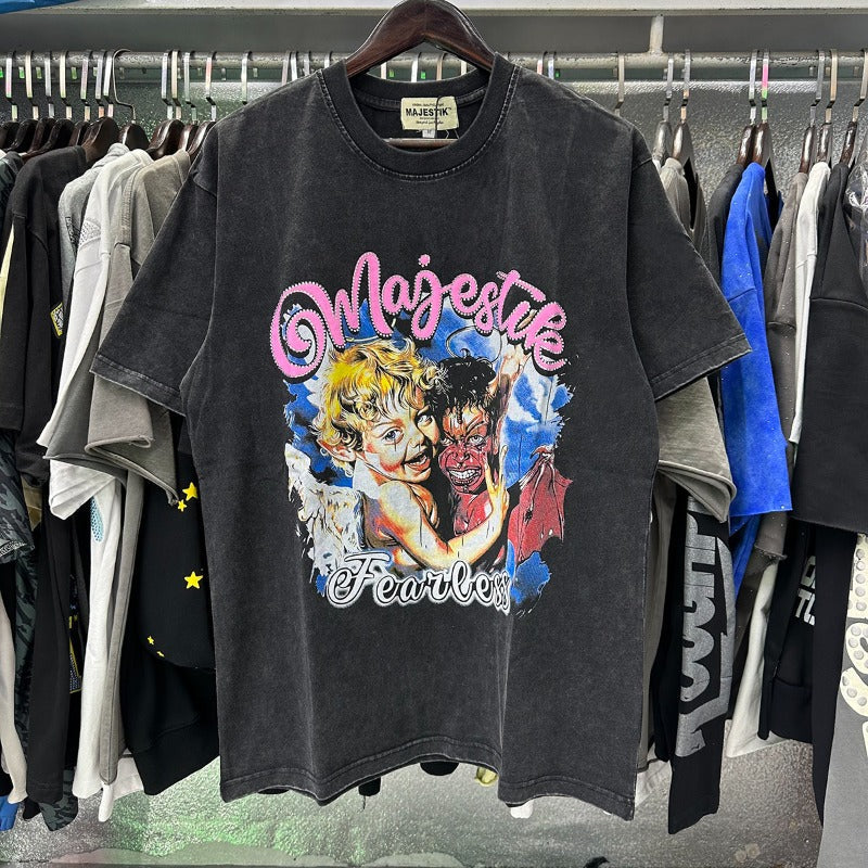 MAJESTIK T Shirts We Are Friends Garment Dyed Printing Crop Tee Hot Diamond