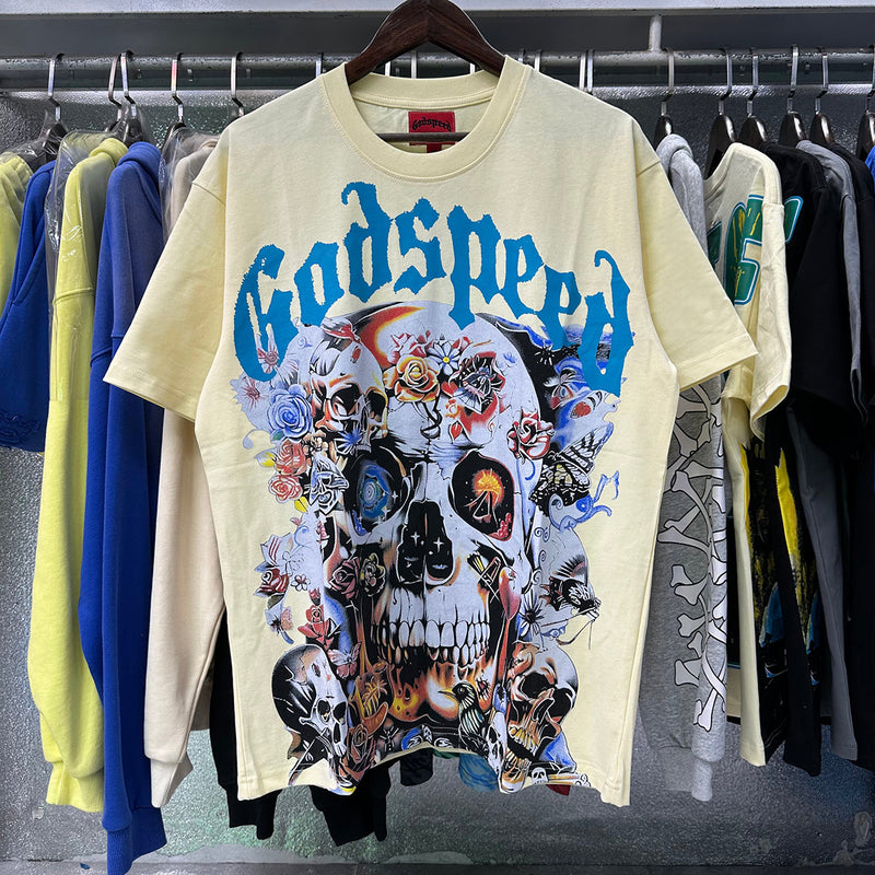 Godspeed t Shirts Skull Rose Printed Cotton Casual Short Sleeve Men and Women