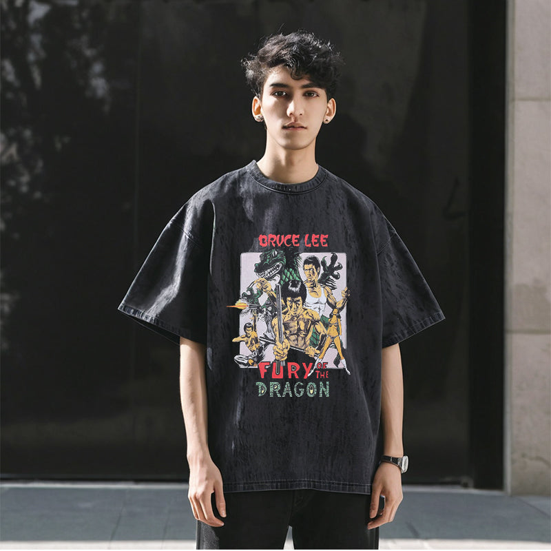 Mens Vintage T Shirt Printed Cotton Washed Short Sleeve