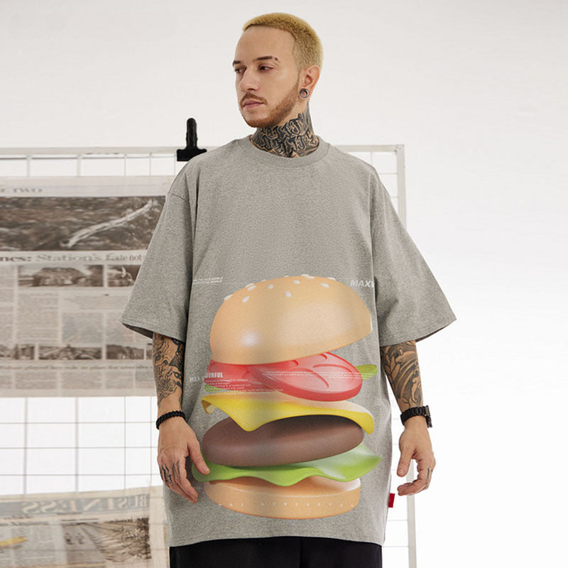 Men T-Shirt Hamburger Print Loose round Neck
