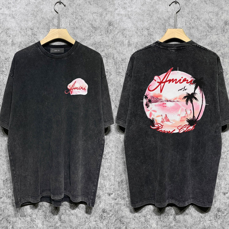Amiri washed t-shirt pink beach printing short sleeve
