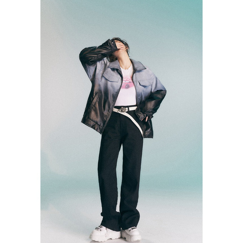 Unisex Coat Retro Gradient Baggy Coat PU Leather Coat