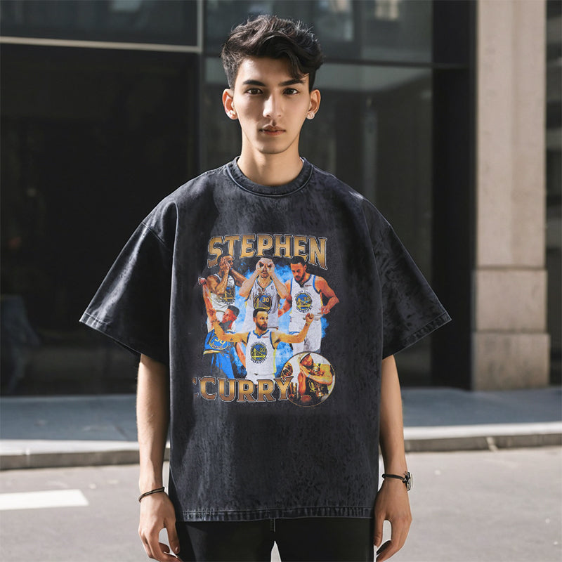 Mens Vintage T Shirt Printed Washing Water Short Sleeve T-Shirt
