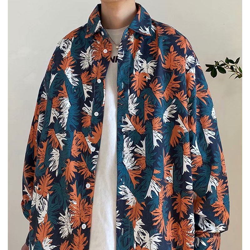 Men Shirts Floral Print Long Sleeve Shirt Red Maple Leaf Loose Hawaiian