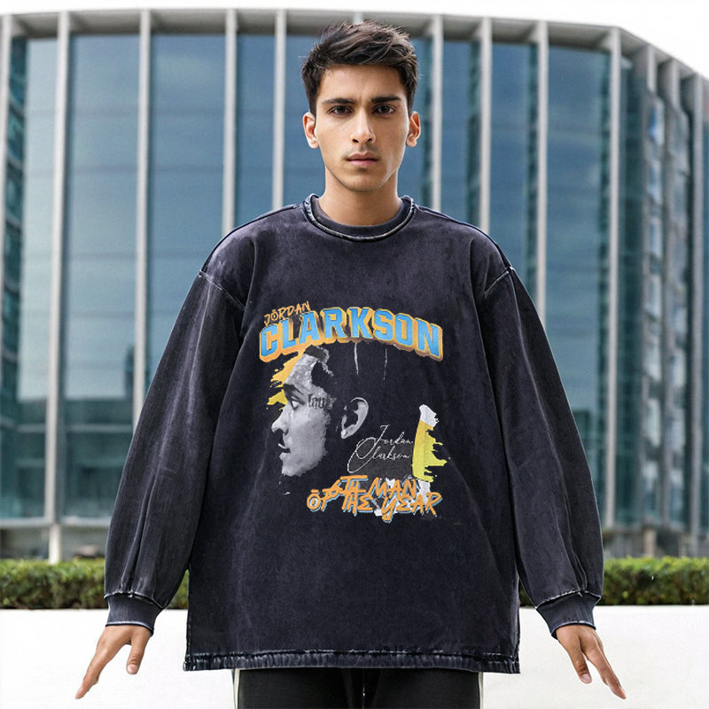 Mens Vintage Long Sleeve Shirt Printed Washed Long Sleeve T-Shirt
