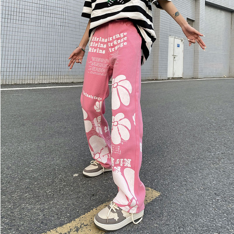Cargo Pants Vintage Letter Print Jeans